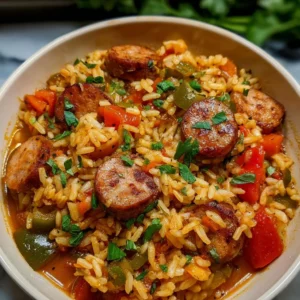 A delicious plate of easy Cajun Jambalaya with shrimp, sausage, and rice.