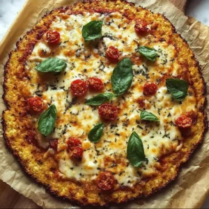 Homemade easy cauliflower pizza crust on a wooden board with toppings.
