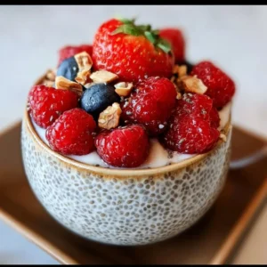 Bowl of easy chia seed pudding topped with fresh fruits and nuts