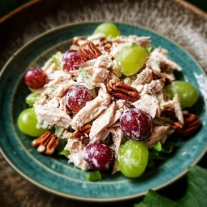 Easy chicken salad with grapes and pecans served in a bowl