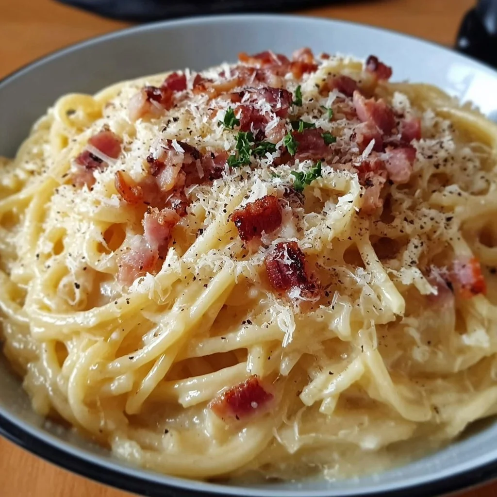 Bacon carbonara pasta garnished with parsley and cheese