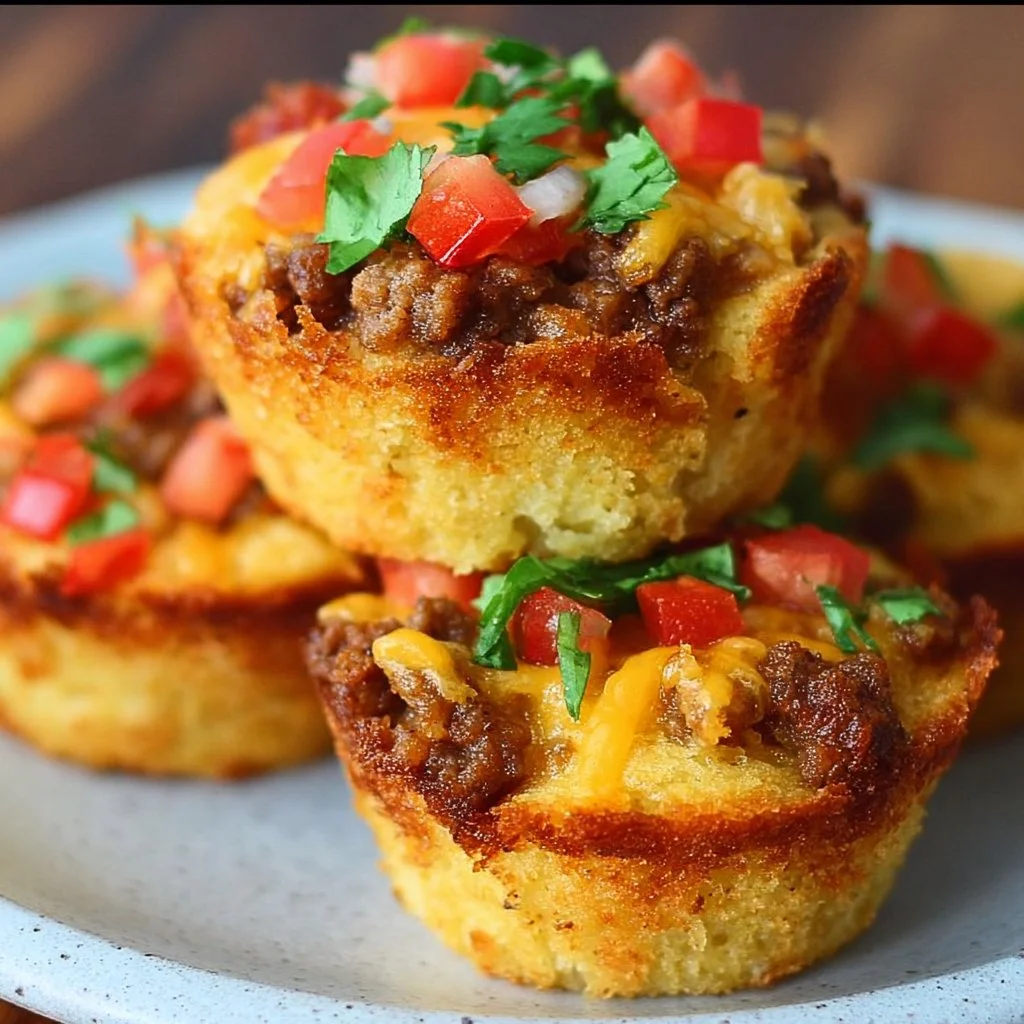 Delicious easy cornbread taco muffins on a plate, garnished and ready to serve.