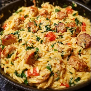 Creamy chicken sausage orzo skillet in a pan, ready to serve.
