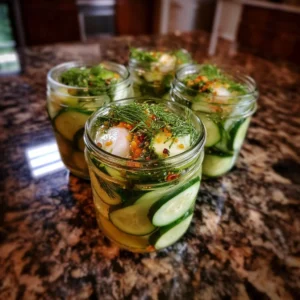 Jar of easy crunchy refrigerator pickles with fresh ingredients