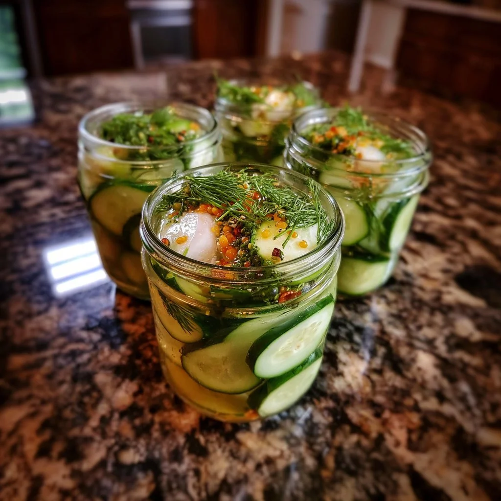 Jar of easy crunchy refrigerator pickles with fresh ingredients