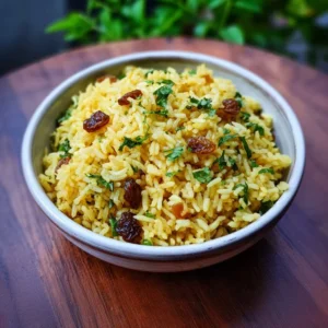 Bowl of easy curried rice with raisins garnished with herbs