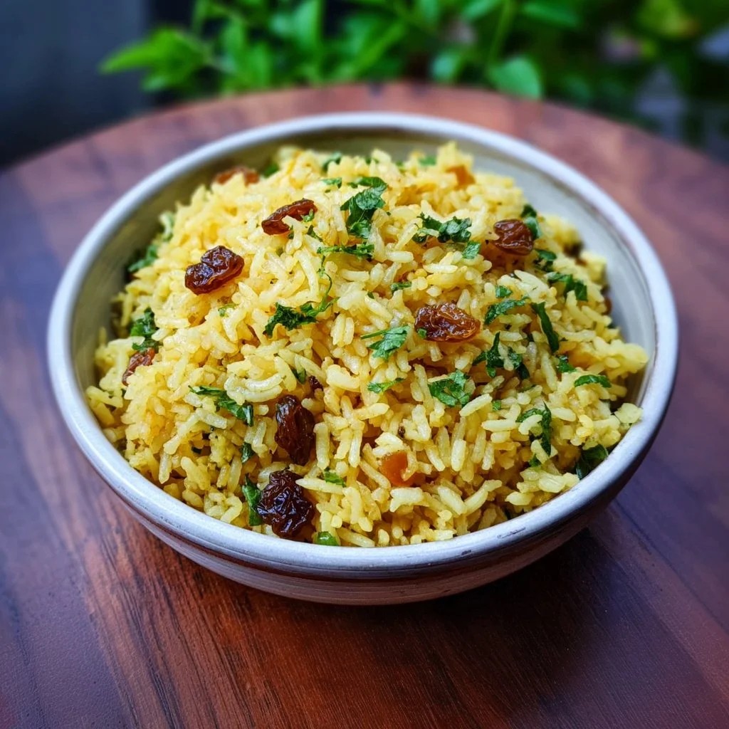 Bowl of easy curried rice with raisins garnished with herbs