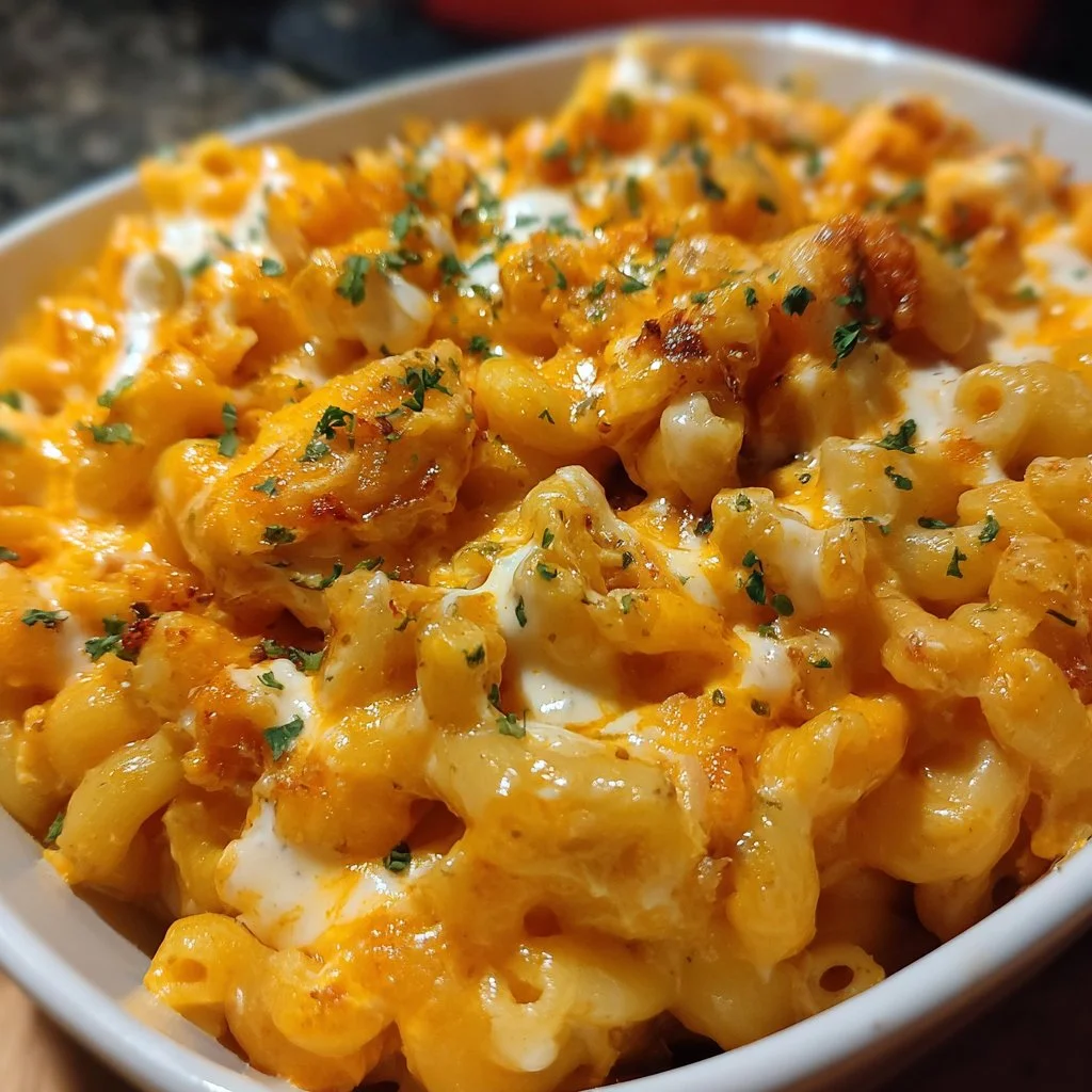 Creamy Buffalo Chicken Mac and Cheese served in a bowl