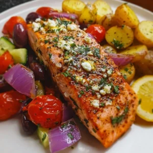 Delicious Greek Salmon recipe served with fresh herbs and lemon slices