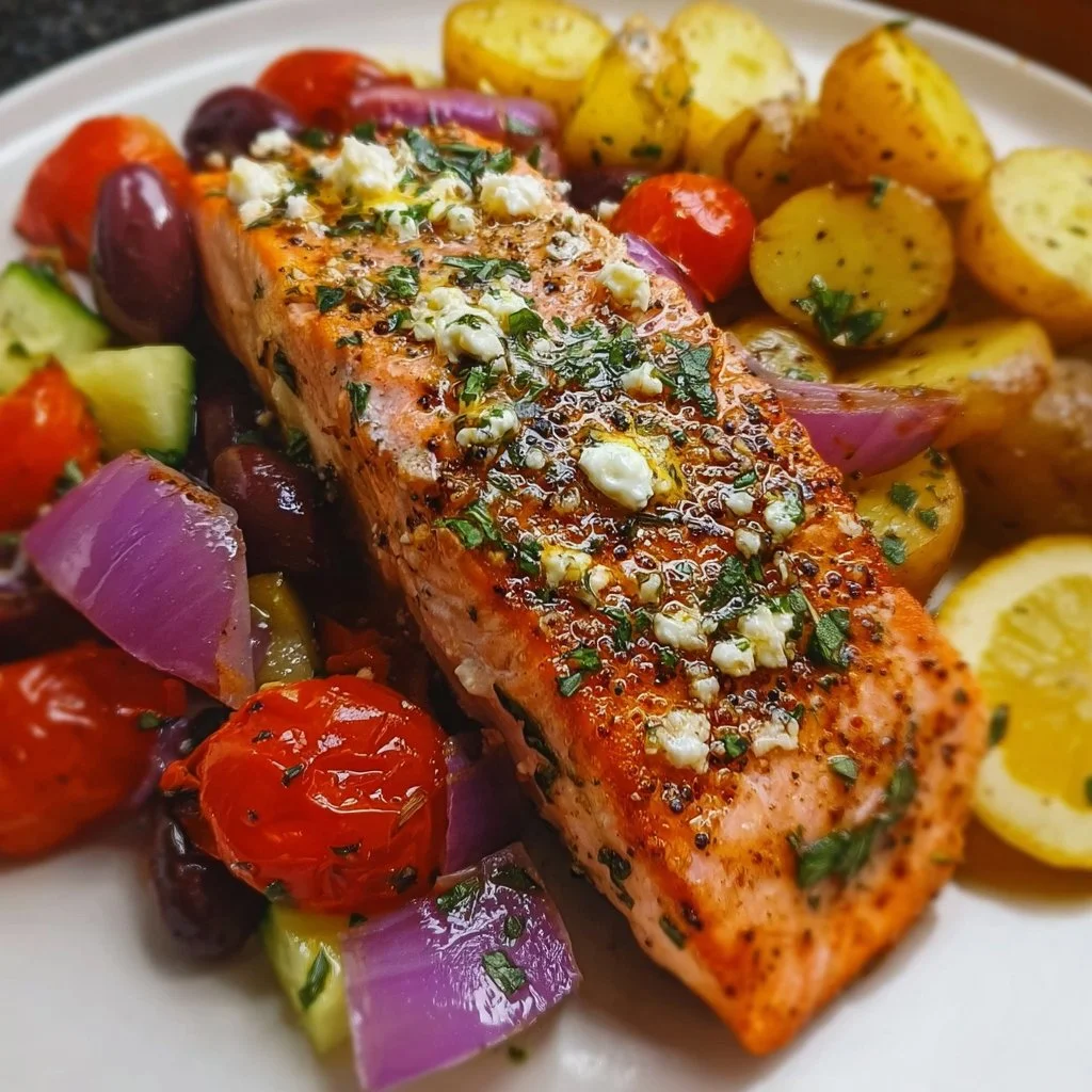 Delicious Greek Salmon recipe served with fresh herbs and lemon slices