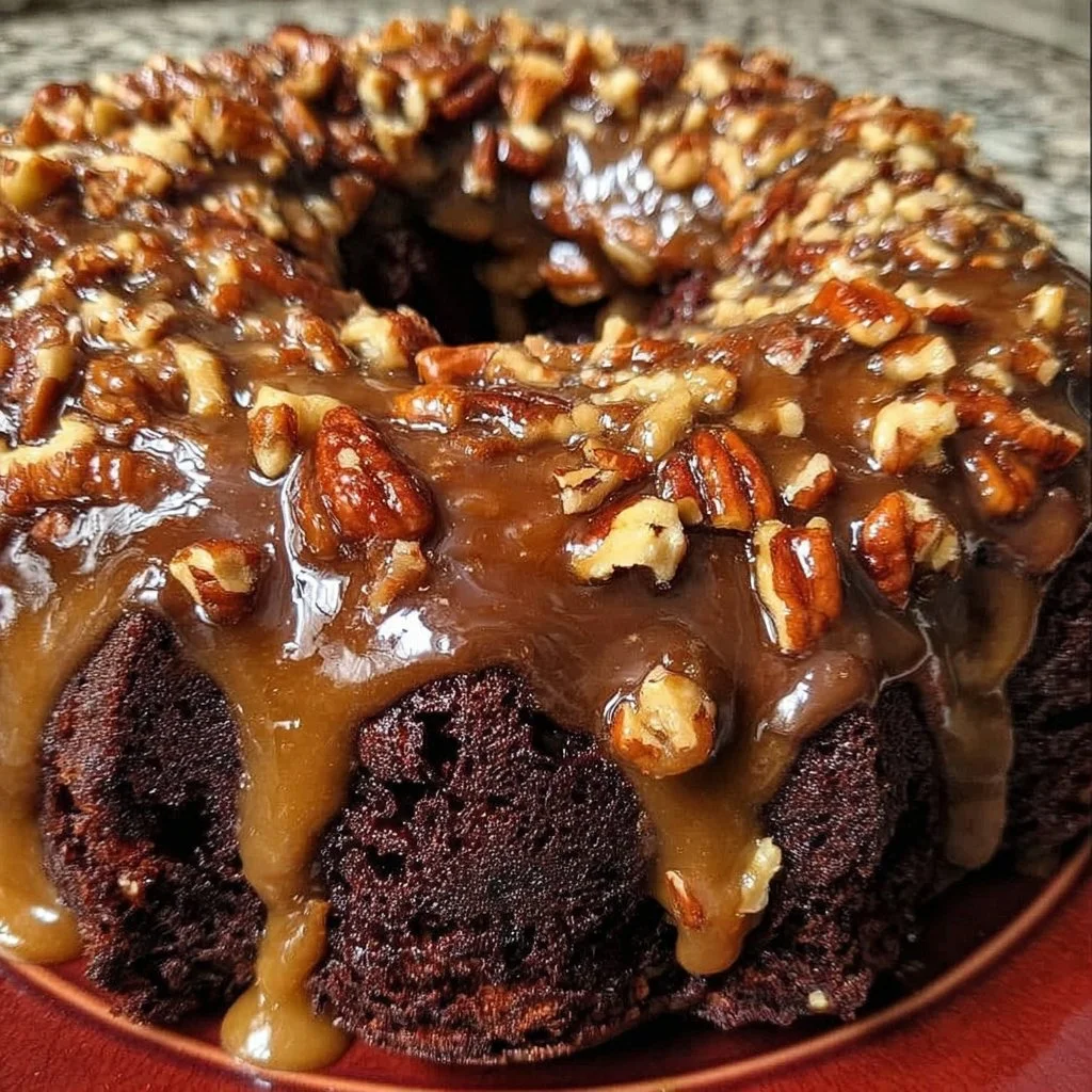 Delicious homemade chocolate turtle cake topped with caramel and pecans