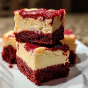Delicious red velvet cheesecake bars served on a white plate