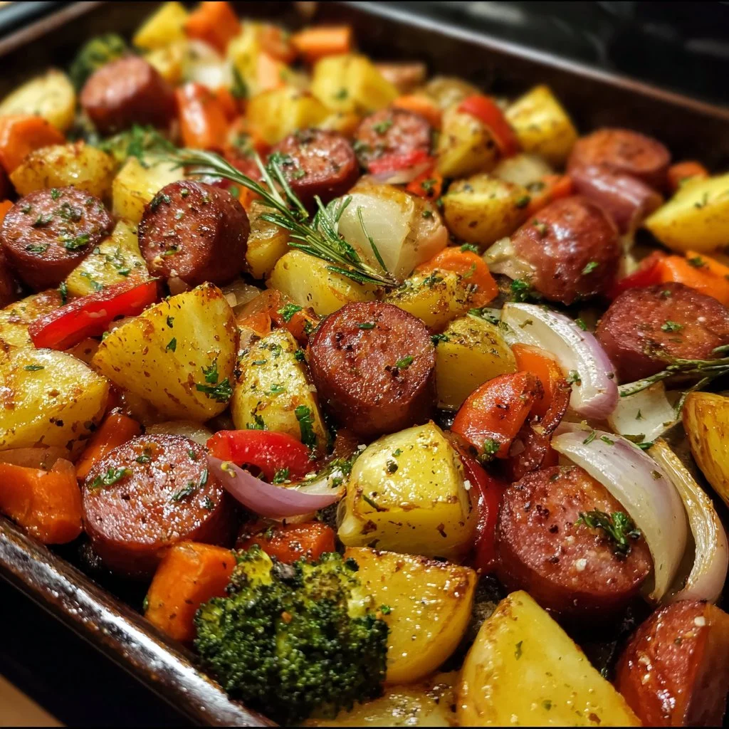 Easy Kielbasa Sheet Pan Dinner with vegetables on a baking tray