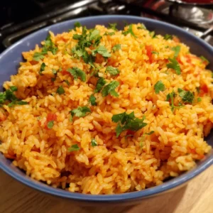 A bowl of easy Mexican rice garnished with fresh cilantro and lime