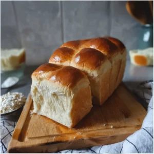 Freshly baked easy milk bread loaf on a wooden cutting board