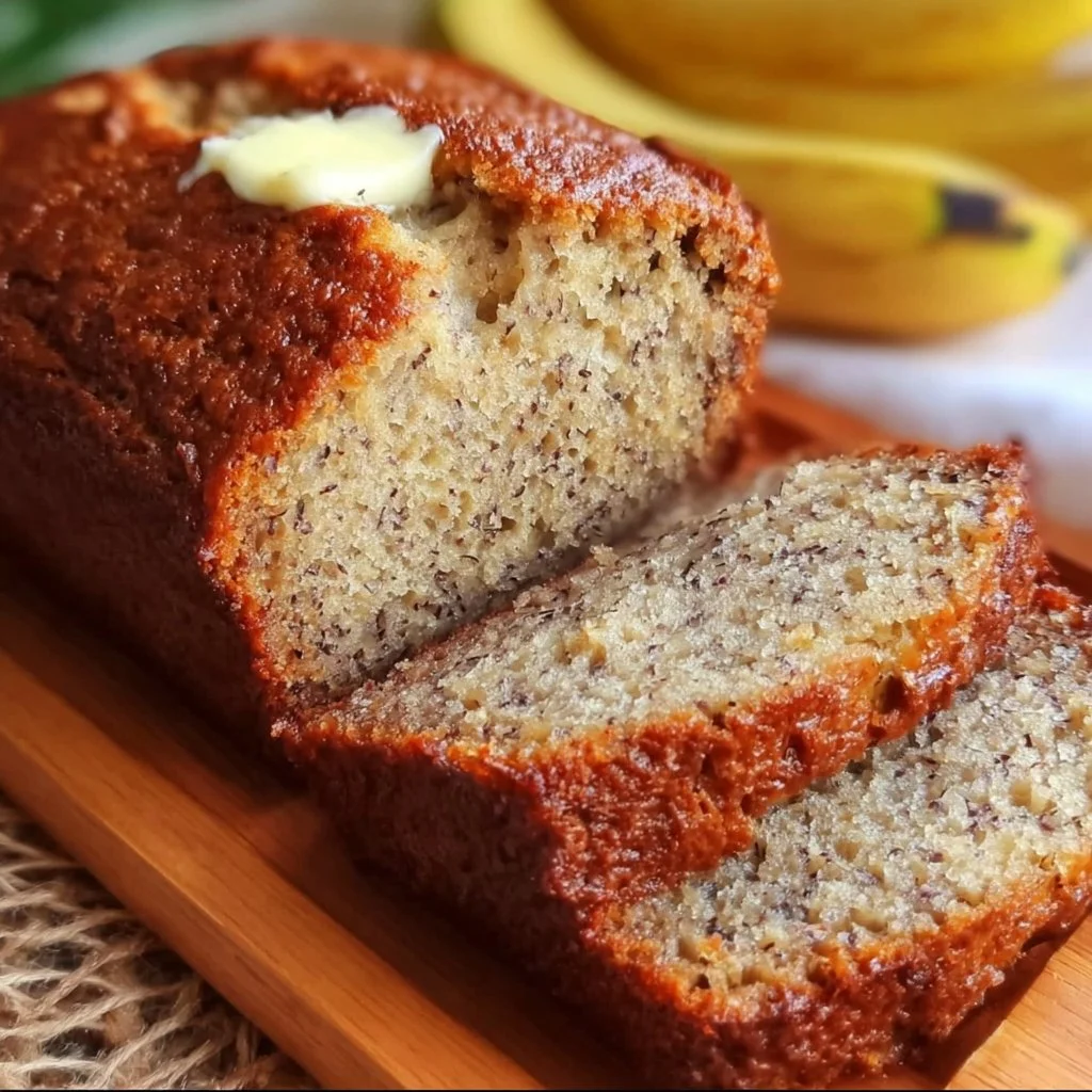 Freshly baked easy moist banana bread on a wooden table