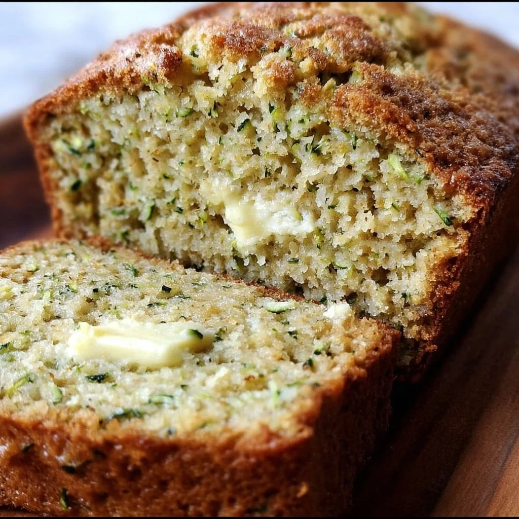 Loaf of easy moist zucchini bread with slices on a wooden cutting board