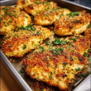 Easy Parmesan Chicken Sheet Pan dish ready to serve