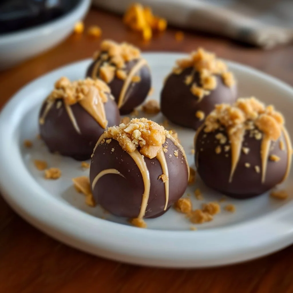 Plate of easy peanut butter truffles covered in chocolate and sprinkled with nuts