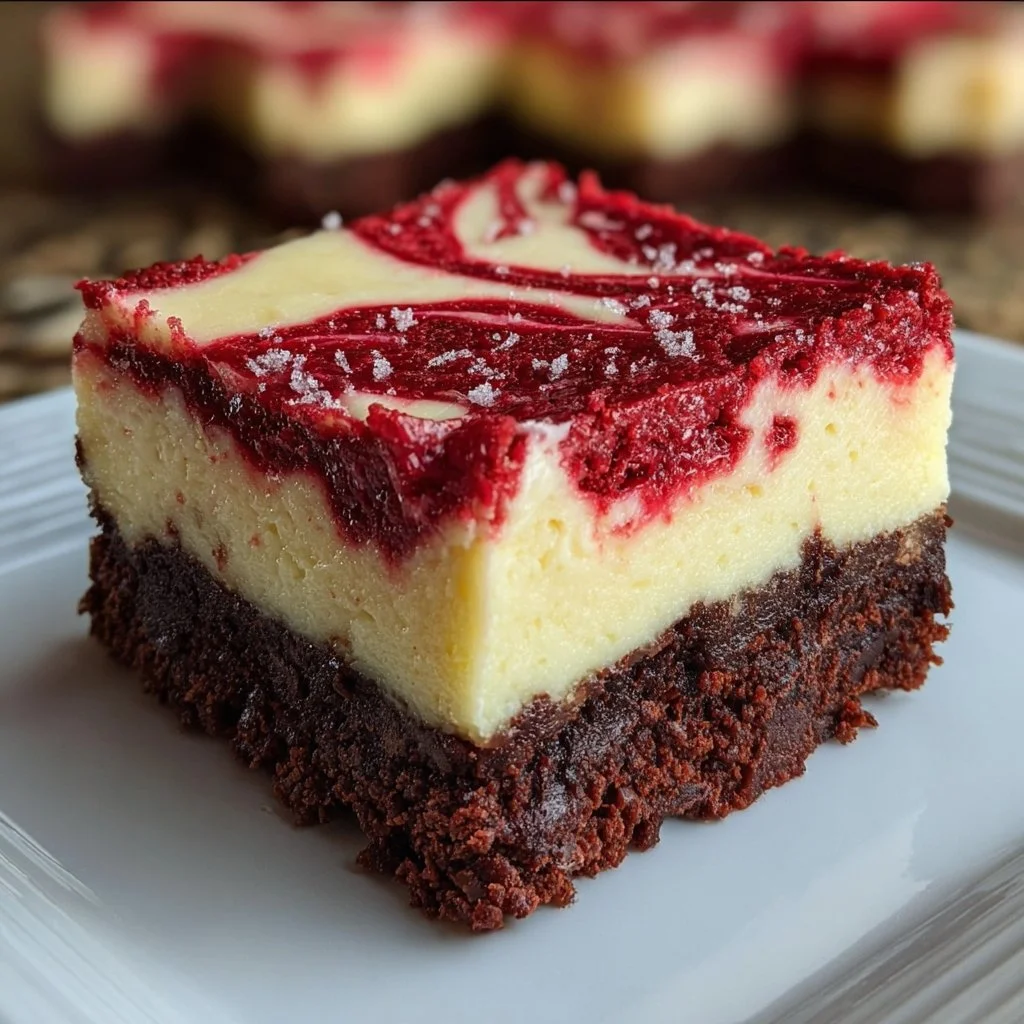 Delicious red velvet brownies with cheesecake layers on a serving plate