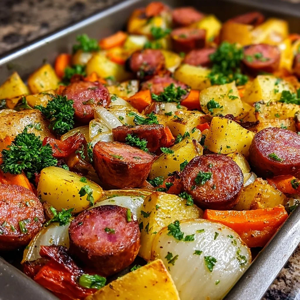Sheet pan kielbasa dinner with vegetables cooked to perfection
