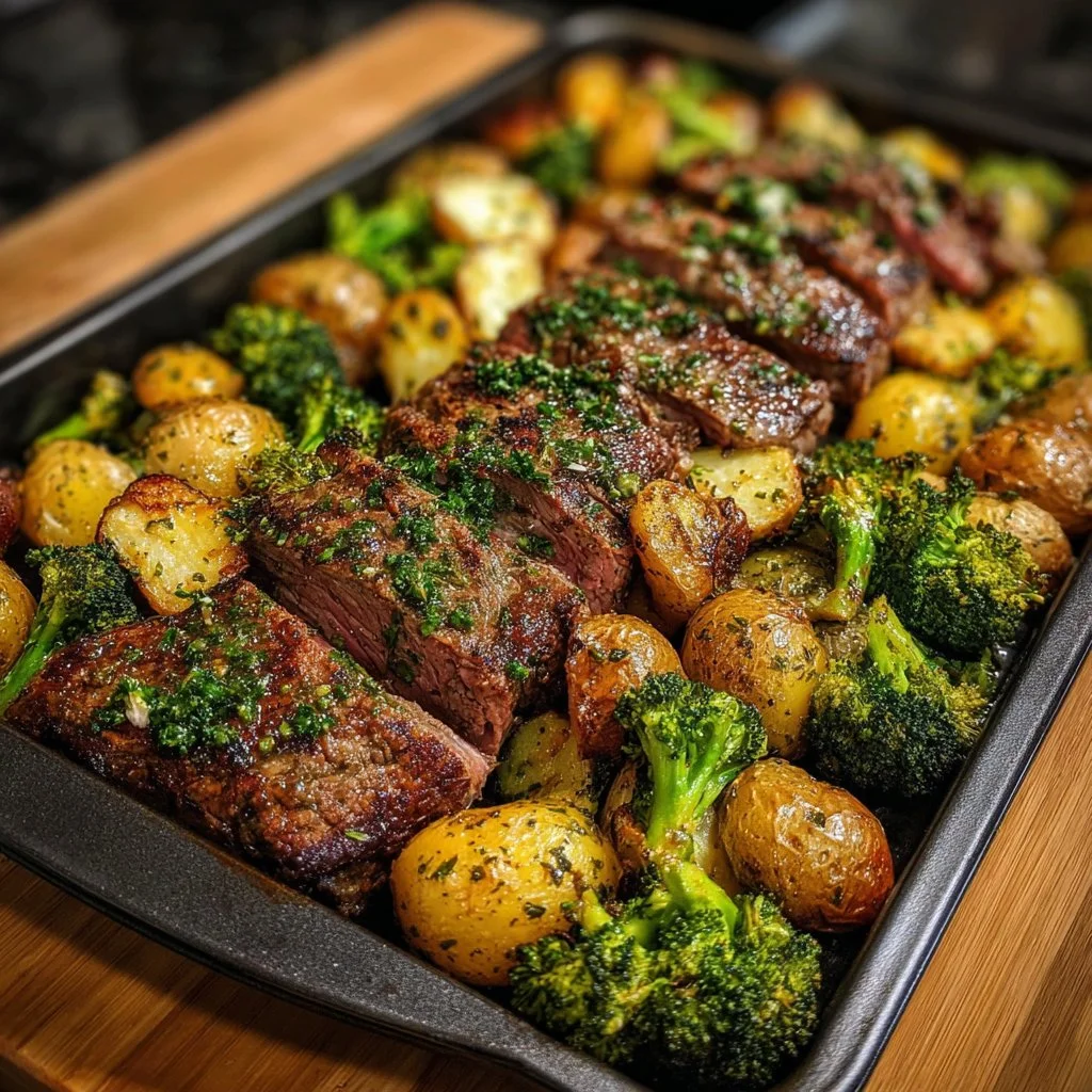 Easy steak potato broccoli sheet pan recipe ready to bake.