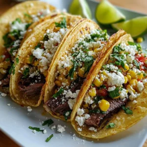 Plate of easy steak tacos topped with fresh street corn and vibrant toppings