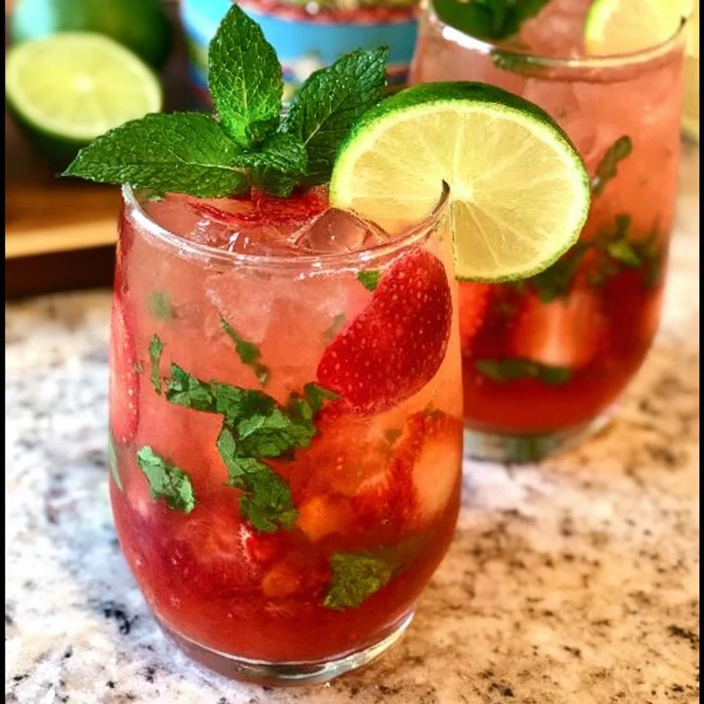 Refreshing strawberry mojito cocktail served in a glass with mint leaves