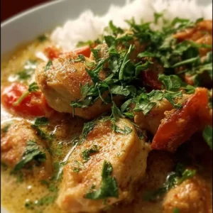 Bowl of Easy Thai Coconut Milk Chicken with fresh herbs and vibrant colors