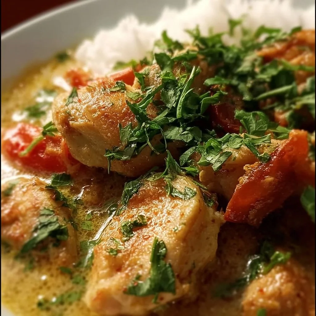 Bowl of Easy Thai Coconut Milk Chicken with fresh herbs and vibrant colors