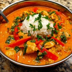 Bowl of Easy Thai Red Curry Chicken with vegetables and rice