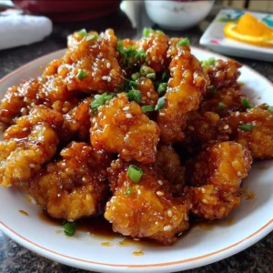 Plate of crispy orange chicken with a vibrant orange sauce and garnishes.