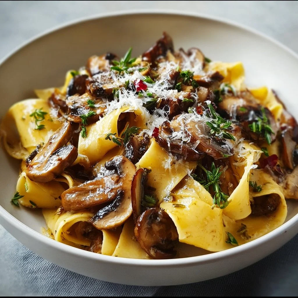 Elegant pappardelle pasta served with a rich portobello mushroom sauce