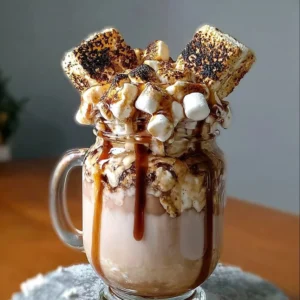 Extreme freakshake s'mores milkshake topped with marshmallows and chocolate