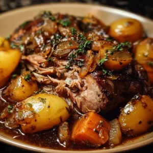 Fall-apart tender apple cider braised pork shoulder served on a plate