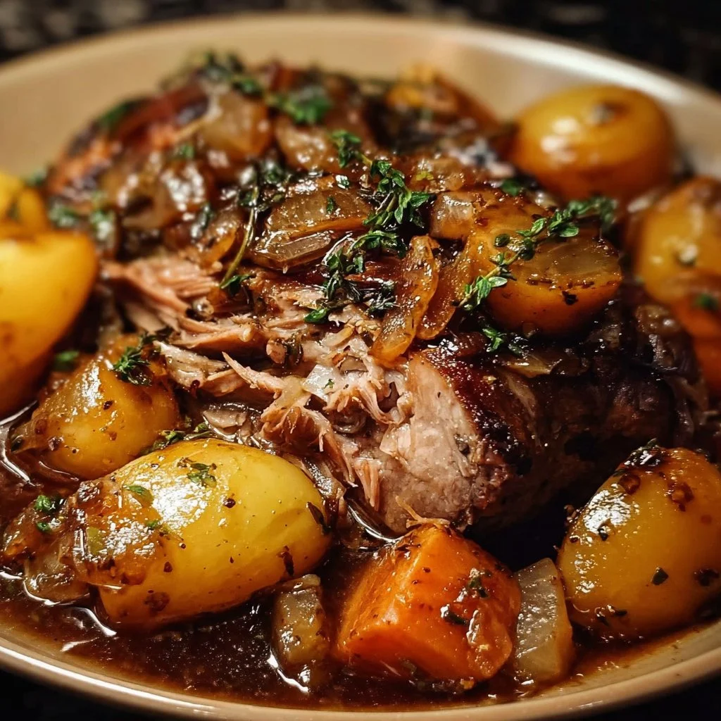 Fall-apart tender apple cider braised pork shoulder served on a plate