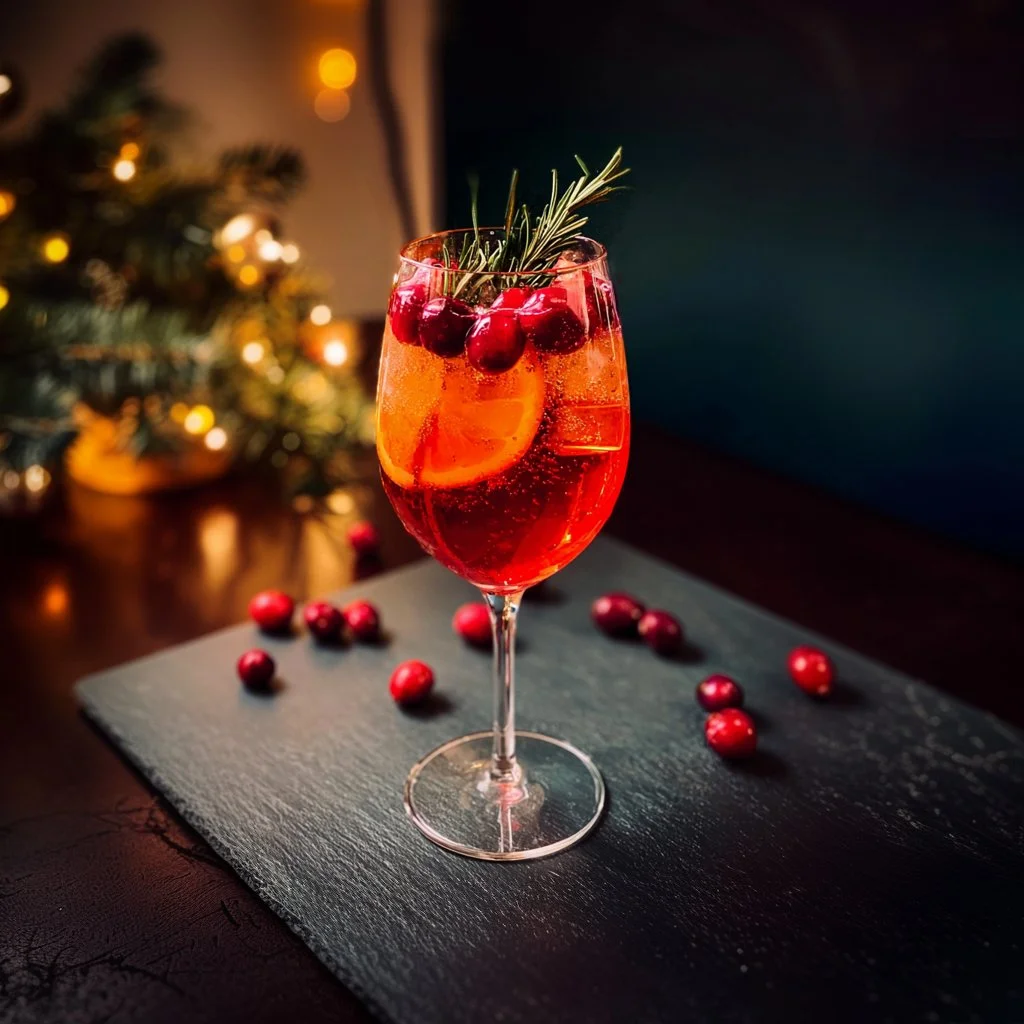 Festive Cranberry Winter Aperol Spritz cocktail in a glass with cranberries and orange slice
