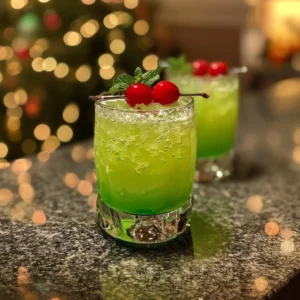 Festive Grinch cocktail served in a holiday-themed glass.