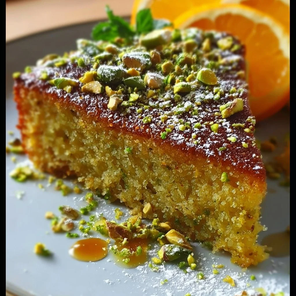 Flourless Orange, Pistachio, and Almond Cake served on a decorative plate