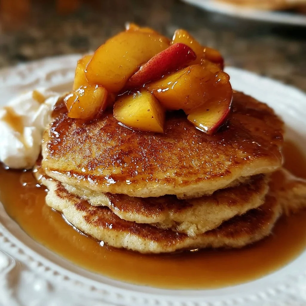 Fluffy peach cobbler pancakes topped with fresh peaches and syrup