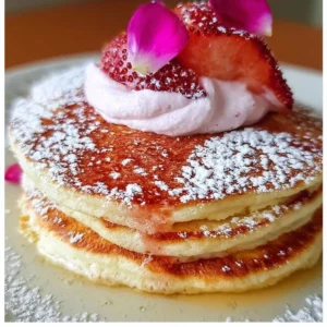 Fluffy rose water pancakes stacked on a plate with rose petals garnish
