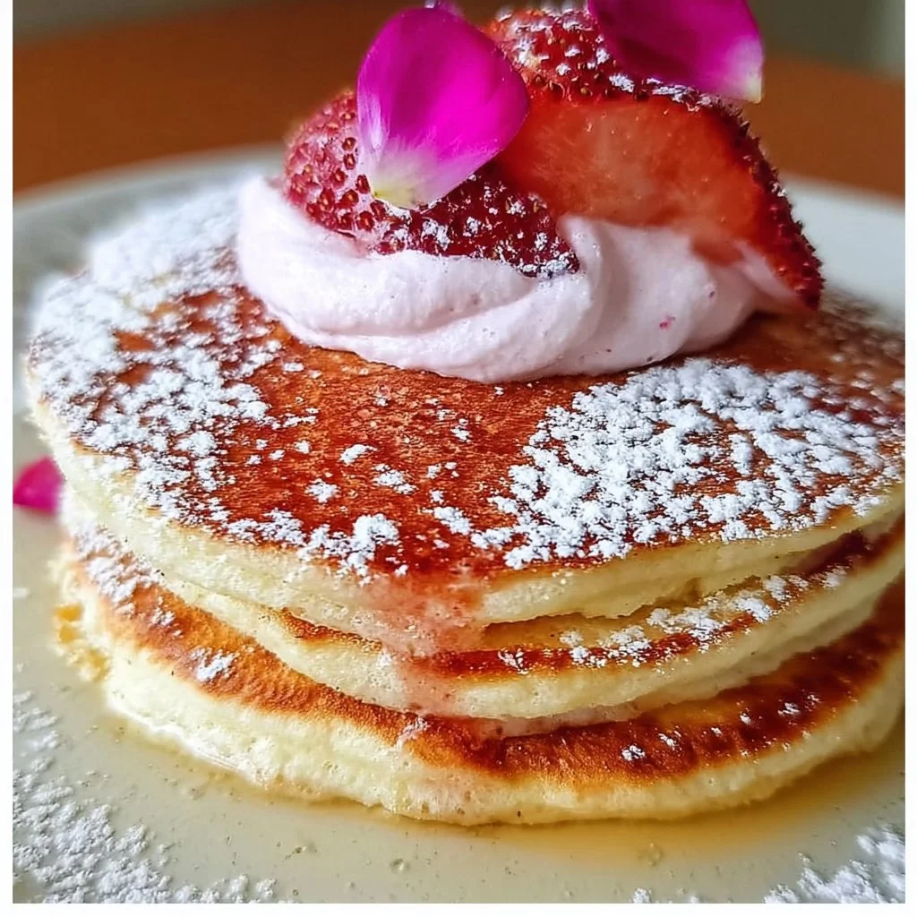 Fluffy rose water pancakes stacked on a plate with rose petals garnish