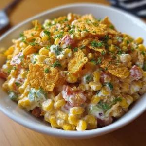 A vibrant bowl of Frito Corn Salad featuring corn, Fritos, and creamy dressing.