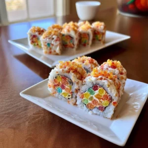 Colorful Fruity Pebbles Sushi rolls topped with bright cereal and ingredients