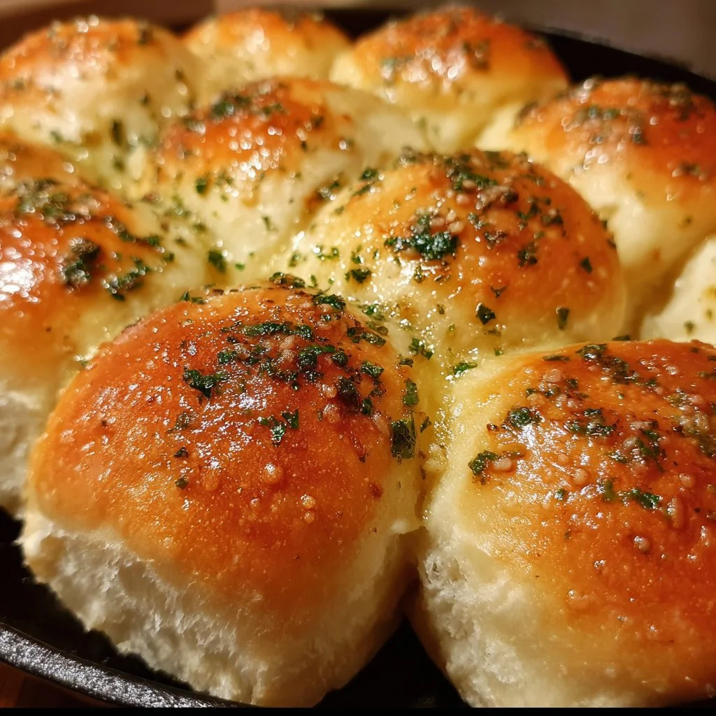 Warm Garlic Butter Bread Rolls served on a plate, garnished with parsley.