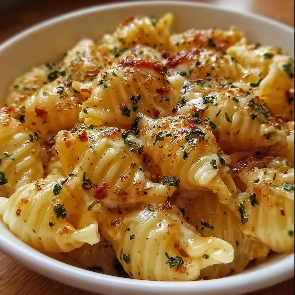 Delicious Garlic Butter Pizza Pasta in a bowl, topped with cheese and herbs.