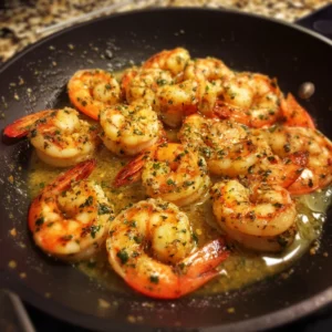 Delicious garlic butter shrimp scampi served with pasta and garnished with parsley.