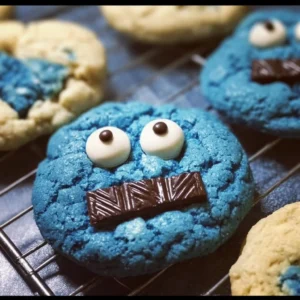 Gooey Blue Cookie Monster Cookies stacked on a plate
