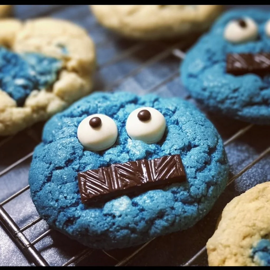 Gooey Blue Cookie Monster Cookies stacked on a plate