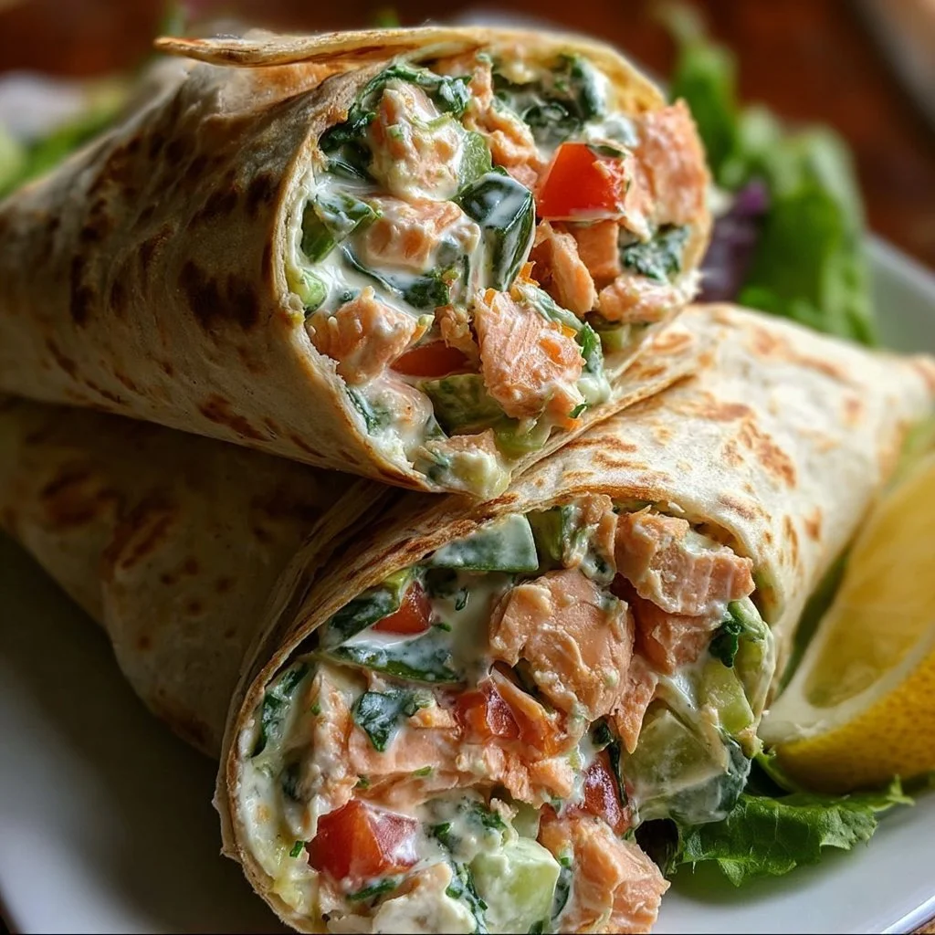 Fresh Greek yogurt salmon salad wraps made with healthy ingredients